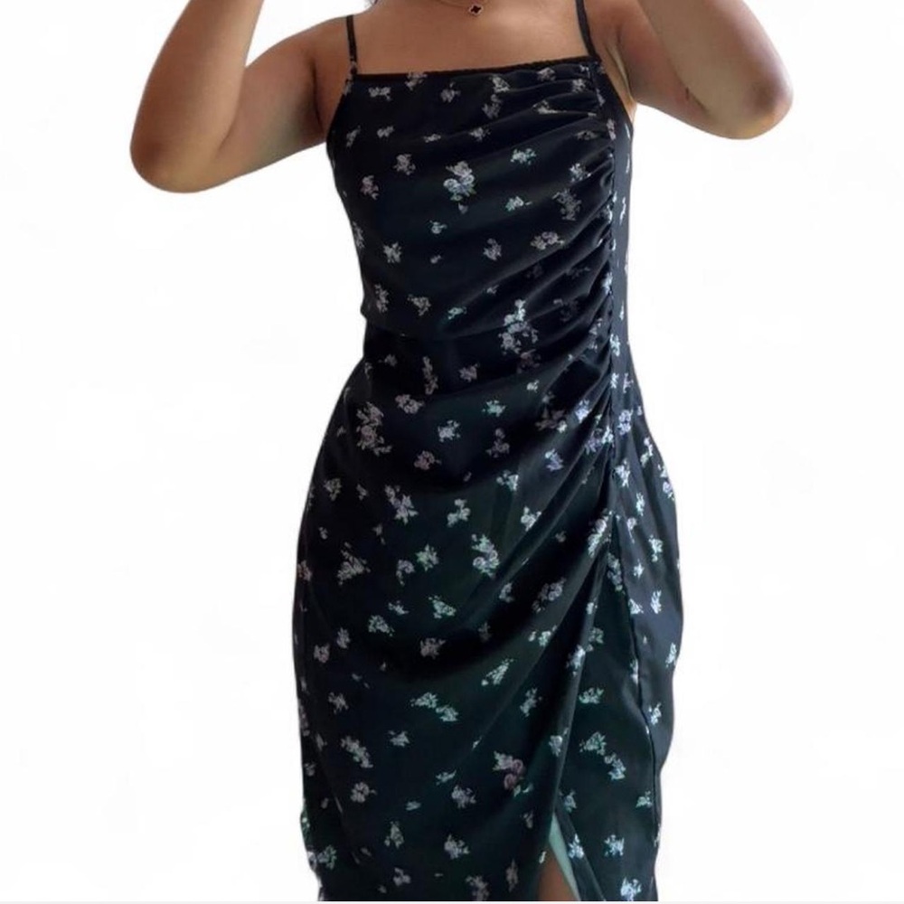 Cider Black Floral Midi Slip Dress with Spaghetti Straps